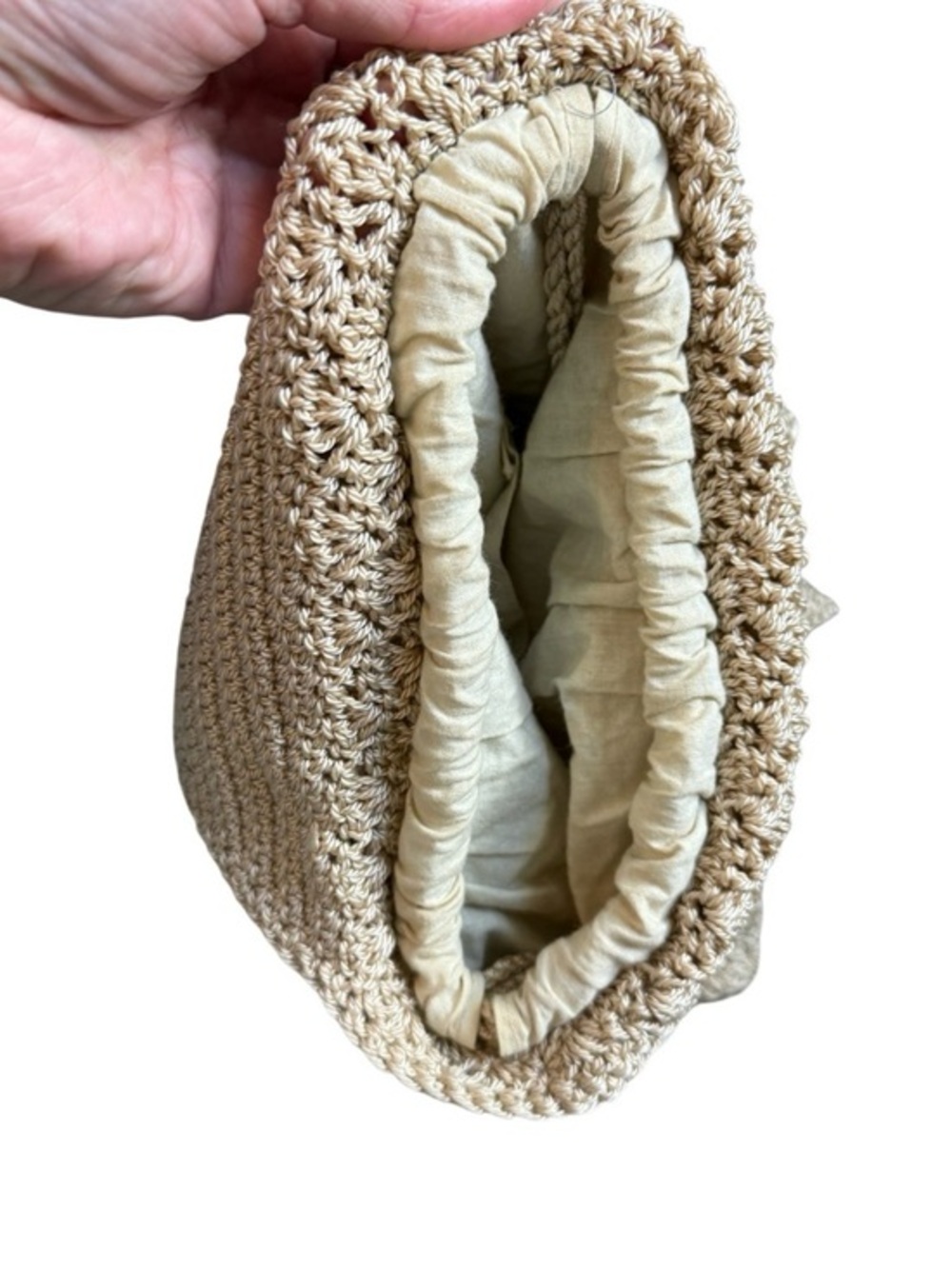 Boho Chic Natural Crochet Hobo Bag with Wood Bead Drawstring Beachy Coastal - Picture 3 of 6